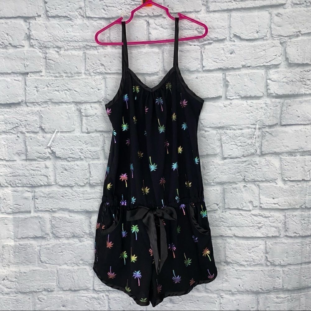 Justice tank top multicolored palm tree shorts romper w/satin bow sz 8 girls